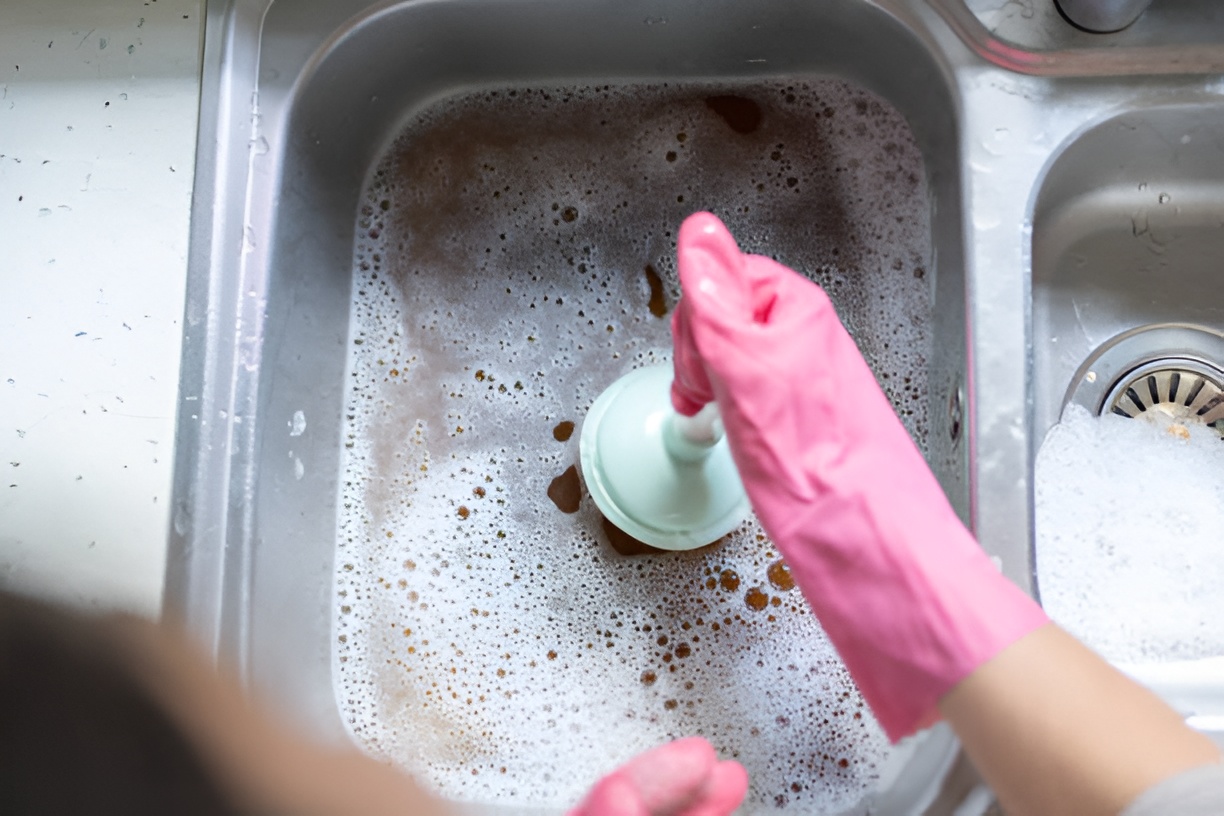 woman using a plunger to unclog a drain