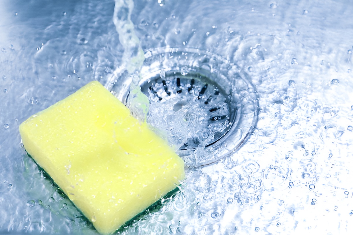 water going down a drain and a yellow sponge next to it