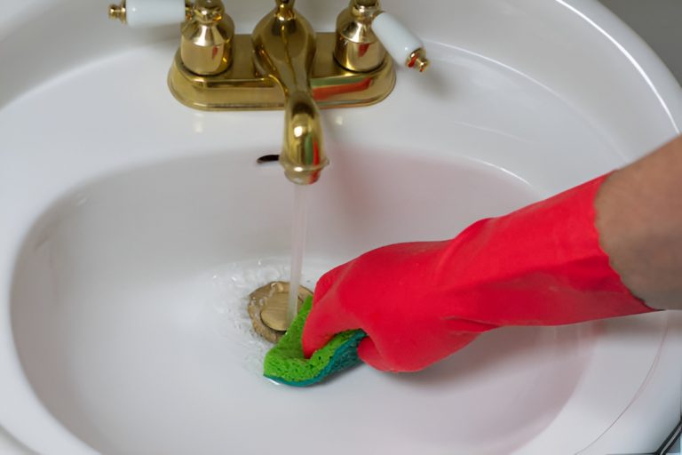 close-up of a hand in an orange rubber glove cleaning a bathroom sink drain